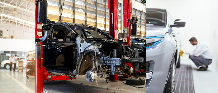 Man working on dameged car in auto body shop